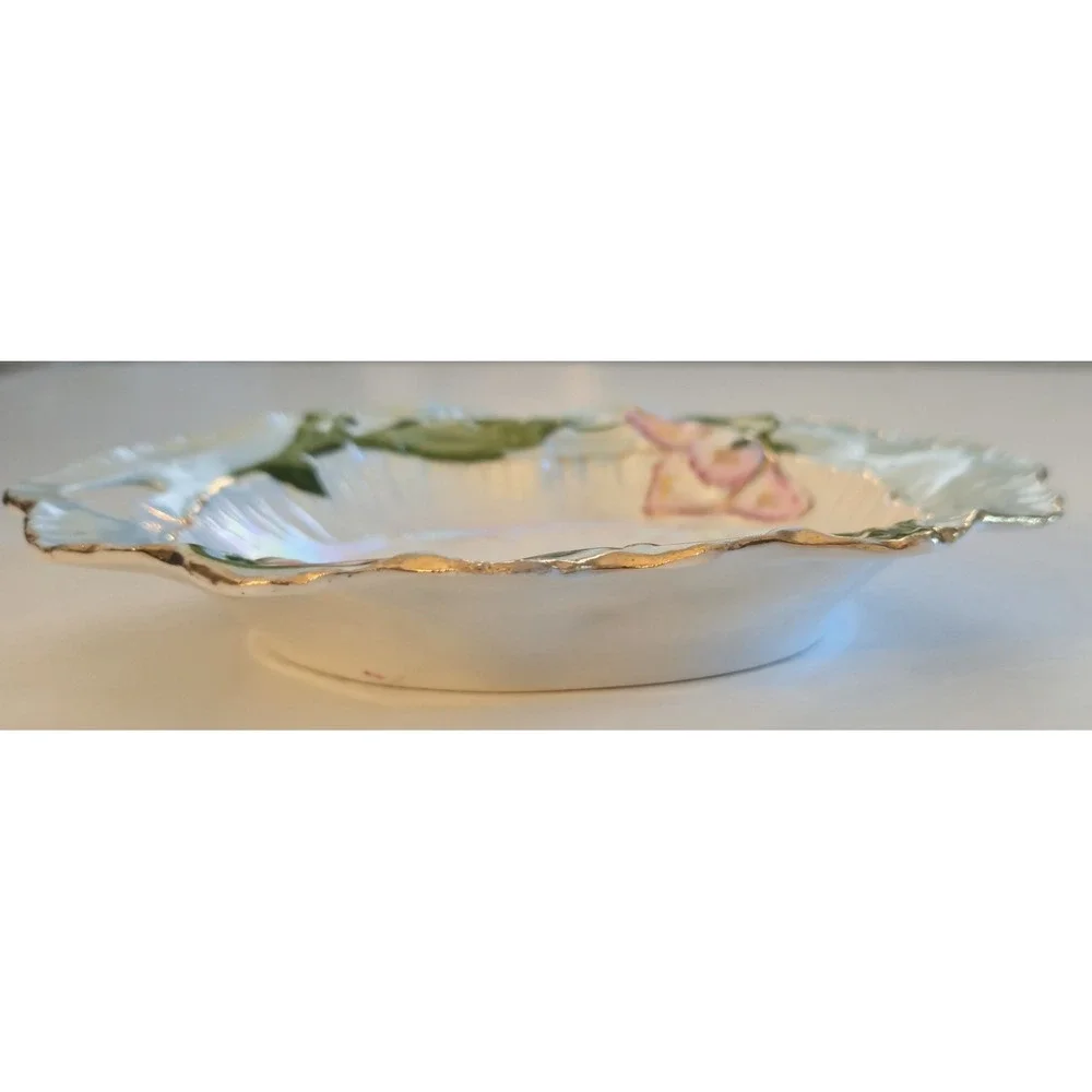 Vintage Floral Porcelain Relish Celery Dish Pink Lily Flowers Gold Gilt Accent